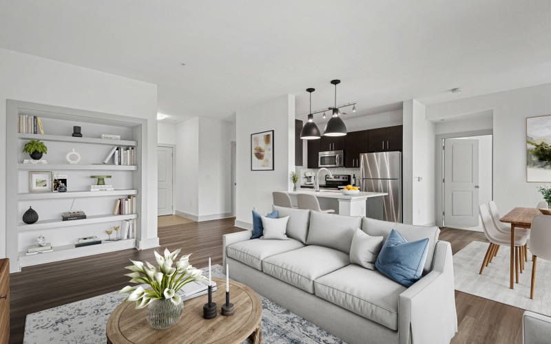 Renovated kitchen with spacious living room and built-in shelving